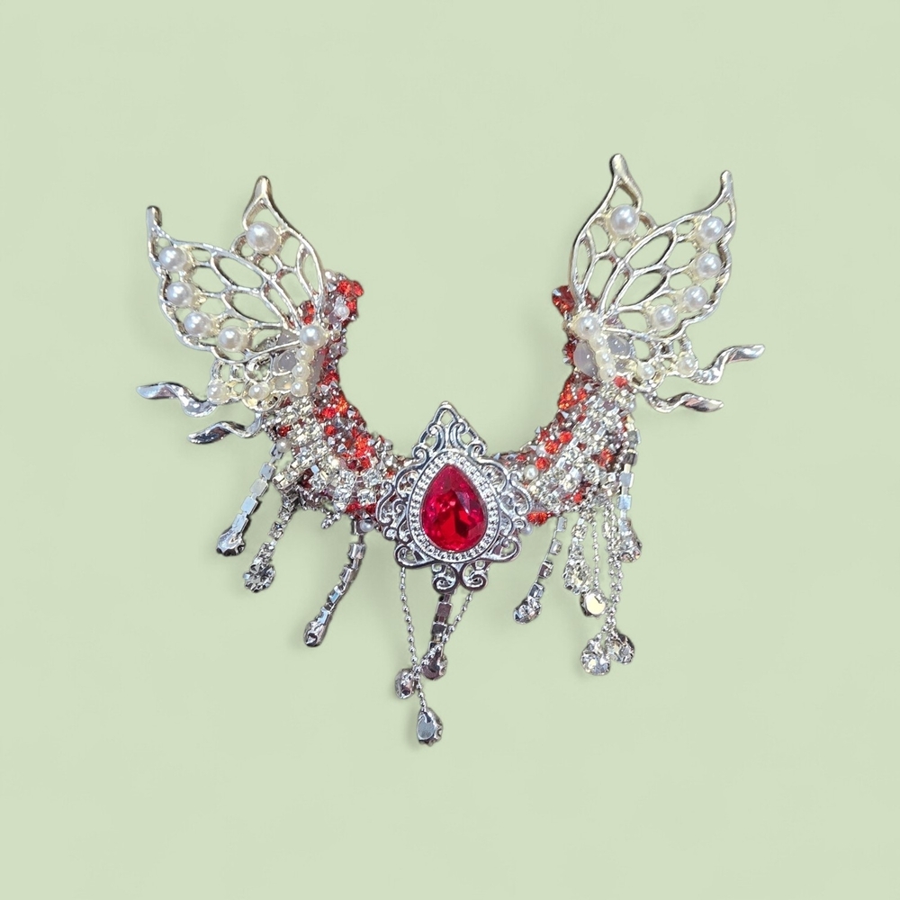 Elegant Silver-Tone Red Crystal Butterfly Starter Moon